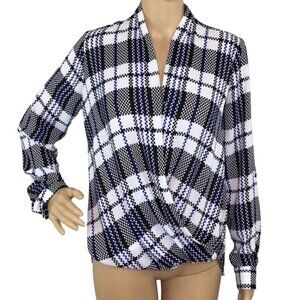Pleione Blue Black & White Long Sleeve Blouse Women's Size Small Excellent Like
